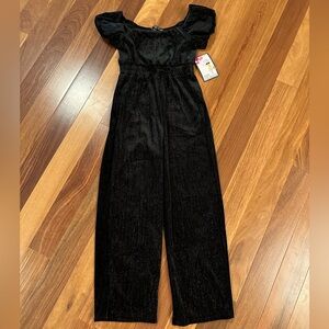 Three Pink Hearts Black Velvet Jumpsuit Size Small Girls NWT